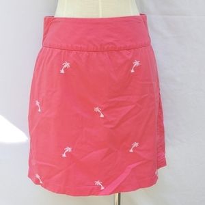 Castaway cotton blend skirt, pink with white palm trees, zip back, sz 4
